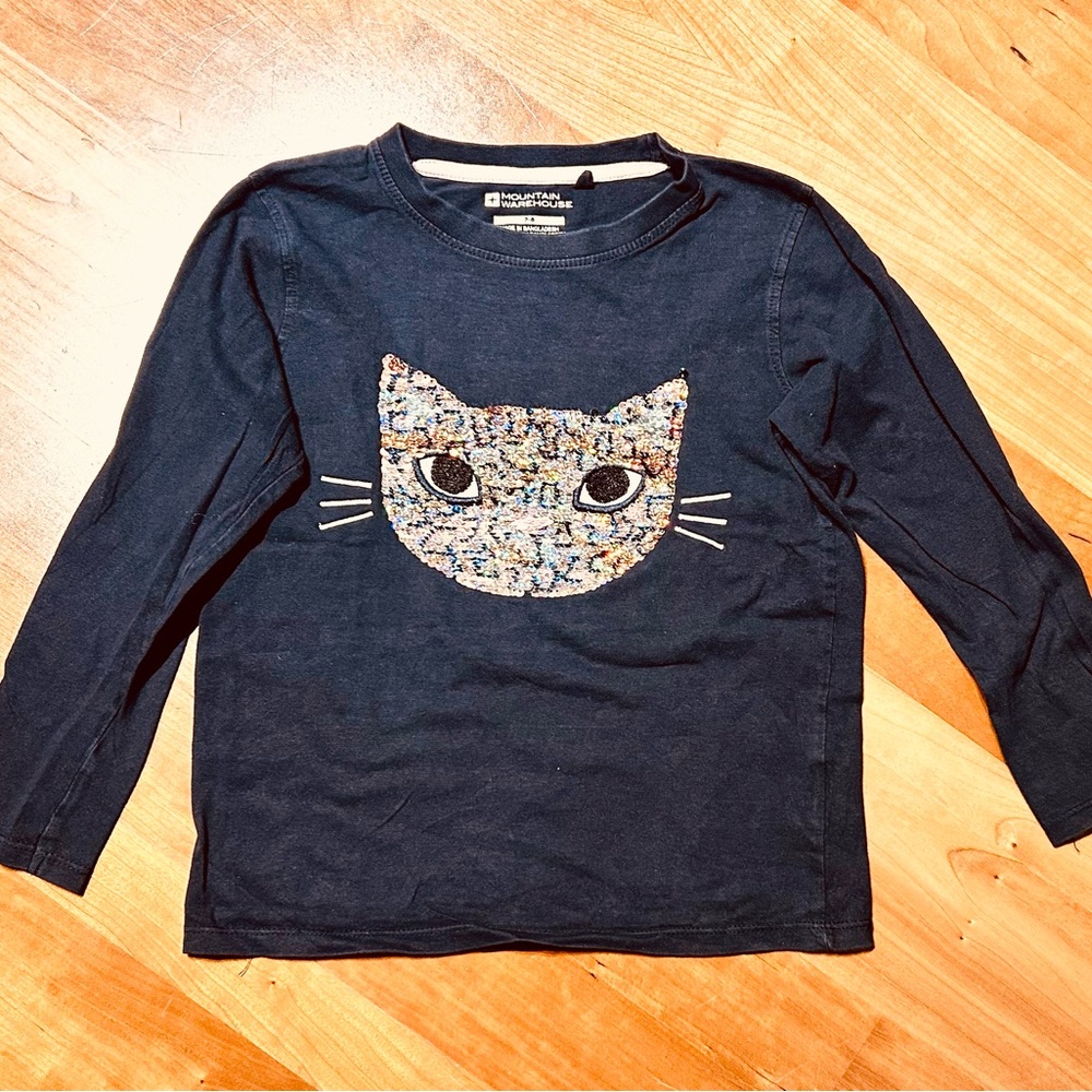 Mountain Warehouse Blue Long Sleeve Tee with Floral Cat Design, age 7-8